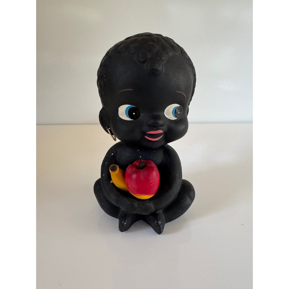 Vintage Bobblehead Coin Bank Seated Figure Holding Fruit Matte Black 6.5 Inch